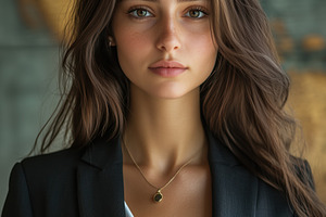 A young woman international lawyer with long, wavy hair wearing a black suit ja, a Person Photo by Textures & Backgrounds