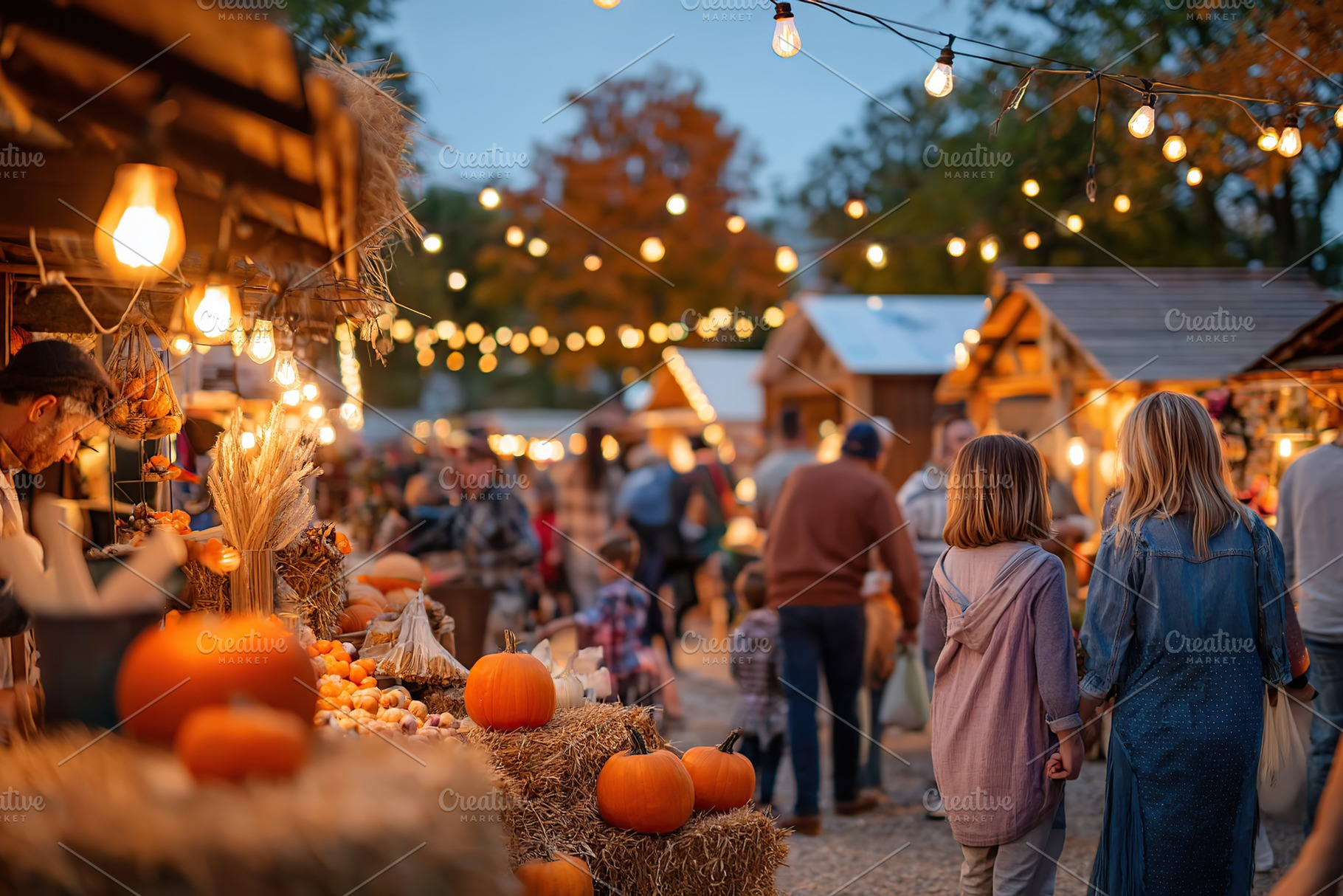 Autumn festival at night with glowing lights and pumpkin displays in a lively m, a Photo by AlyaAnd