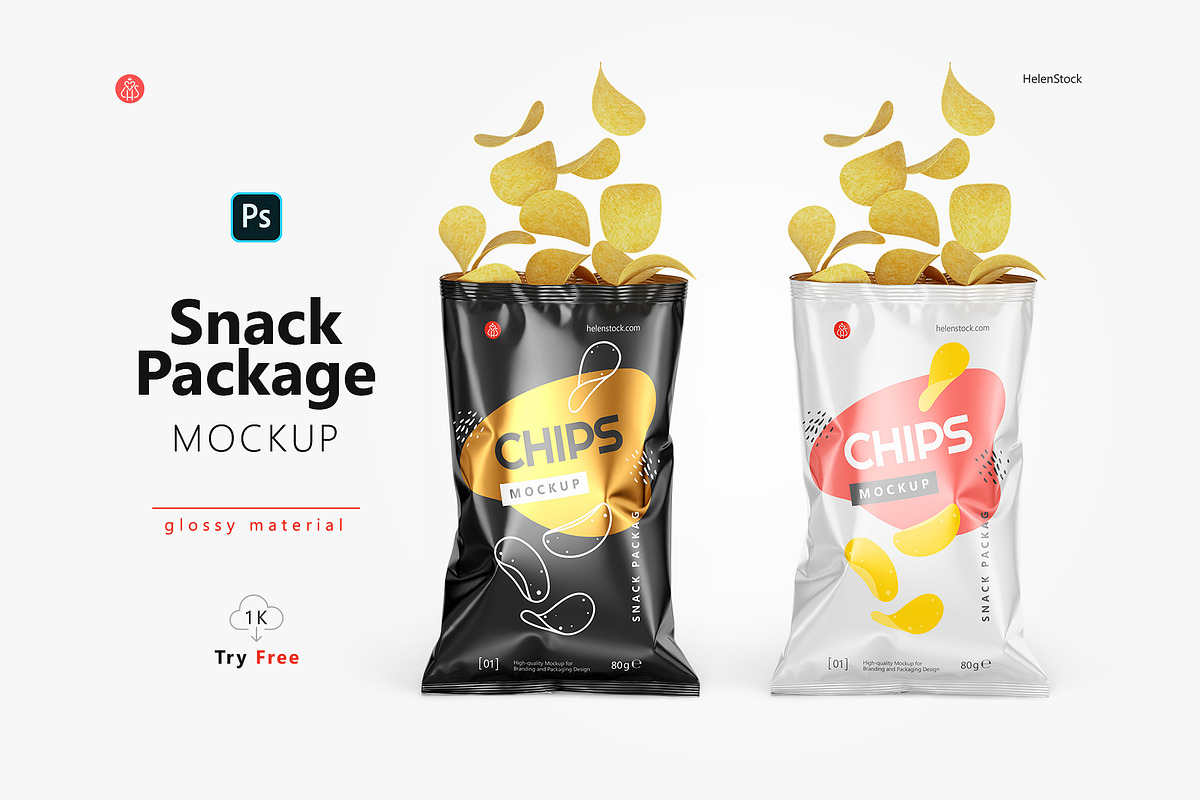 Opened Glossy Snack Package Mockup, a Packaging Mockup by HelenStock (Photo 1 of 8)