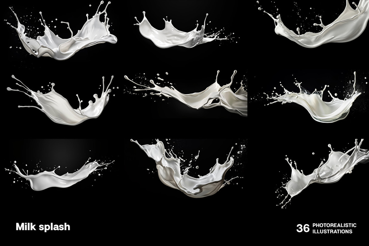 36 Milk Splashes on black background, an Object Illustration by Handmadefont (Photo 4 of 10)