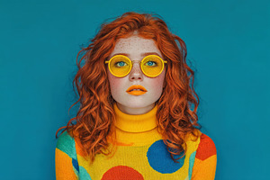 Fashionable young woman with curly red hair in yellow sunglasses, a Photo by José Manuel Gelpi