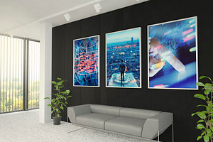 3 Frames Posters Mockup At Office