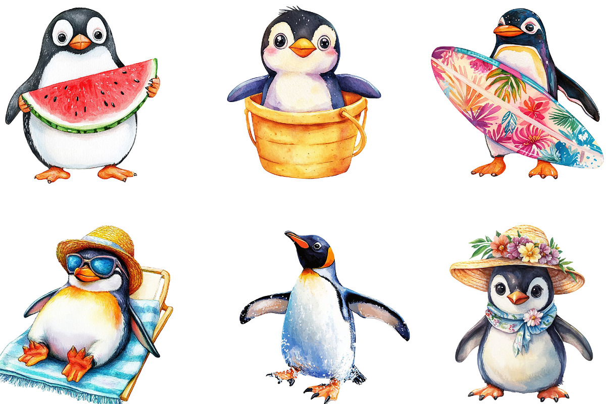 Watercolor Summer Penguin Clipart, a Seasonal Illustration by Designking (Photo 5 of 5)