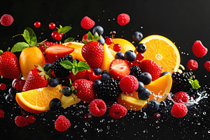 Assorted colorful fruits floating naturally in suspended motion, an Animal Photo by GoodGoods