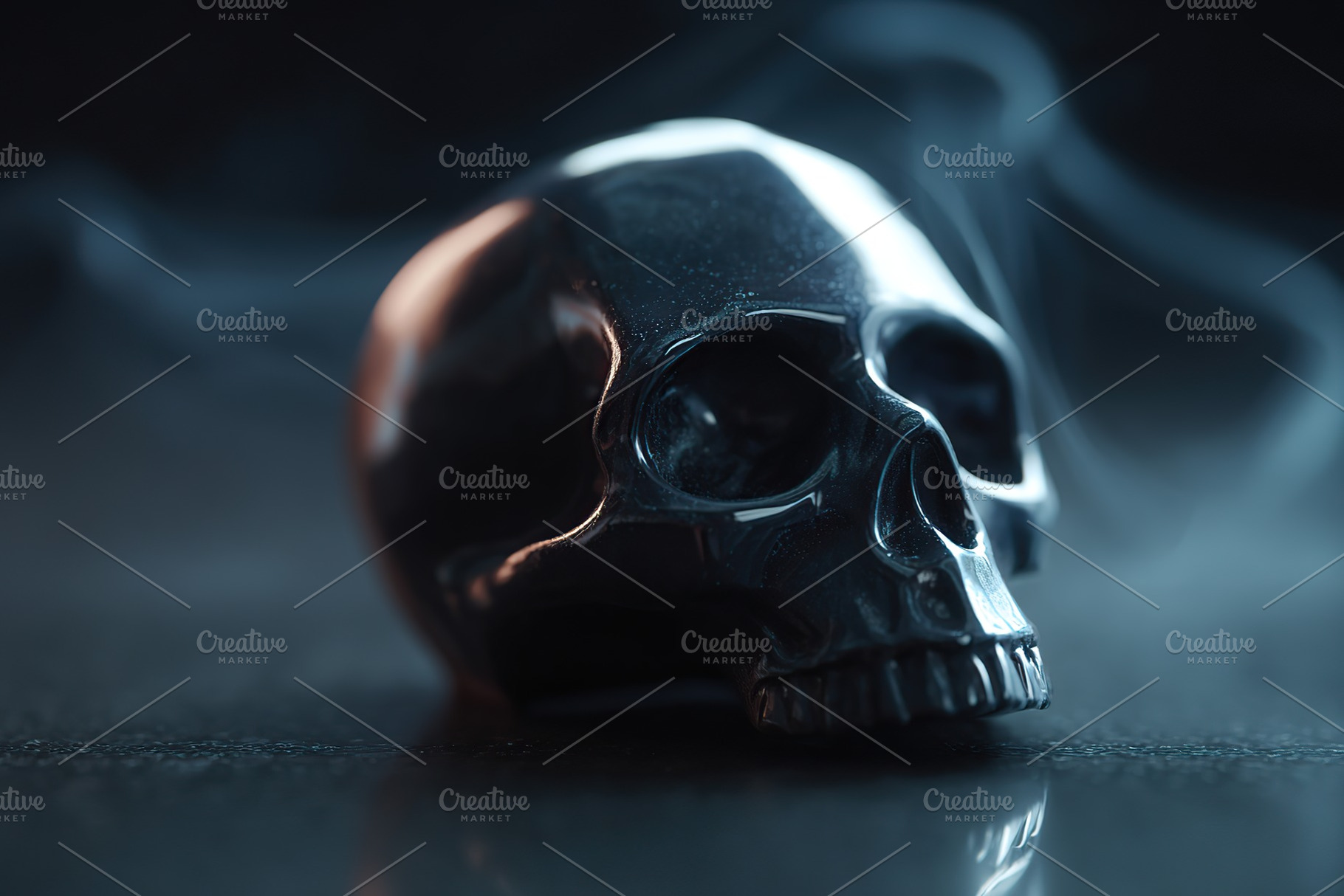 Realistic black skull resting on a dark surface with smoke in the background, an Arts & Entertainment Photo by AlyaAnd