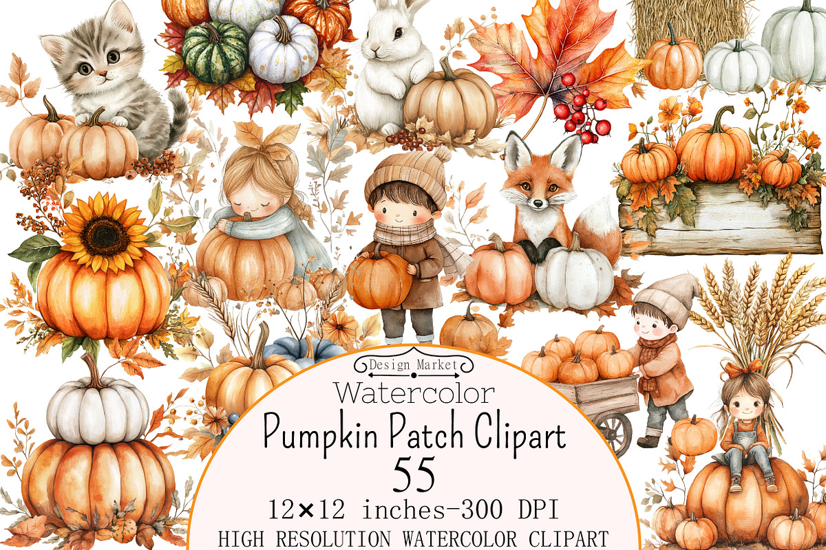 Watercolor Pumpkin Patch Clipart, a Seasonal Illustration by Design Market (Photo 1 of 5)