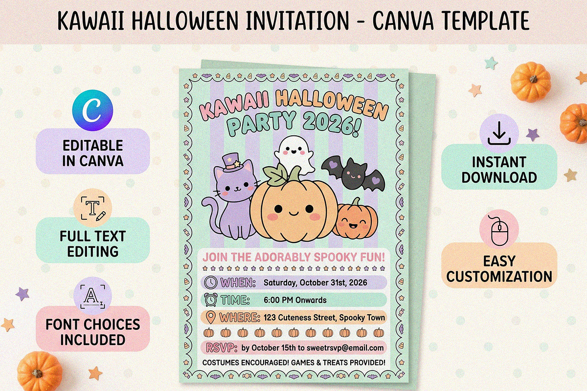 Kawaii Halloween Party Canva Invite, an Invitation Template by NH graphic (Photo 1 of 2)