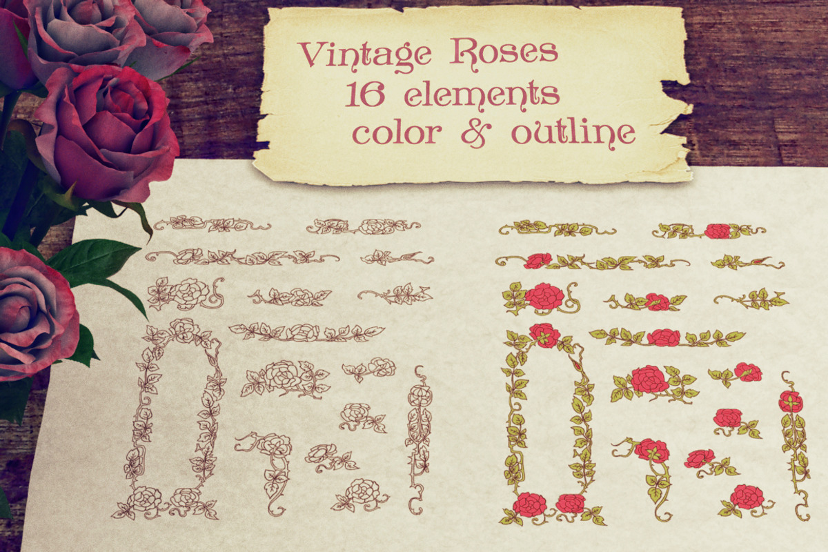 Vintage roses elements & brushes preview 2