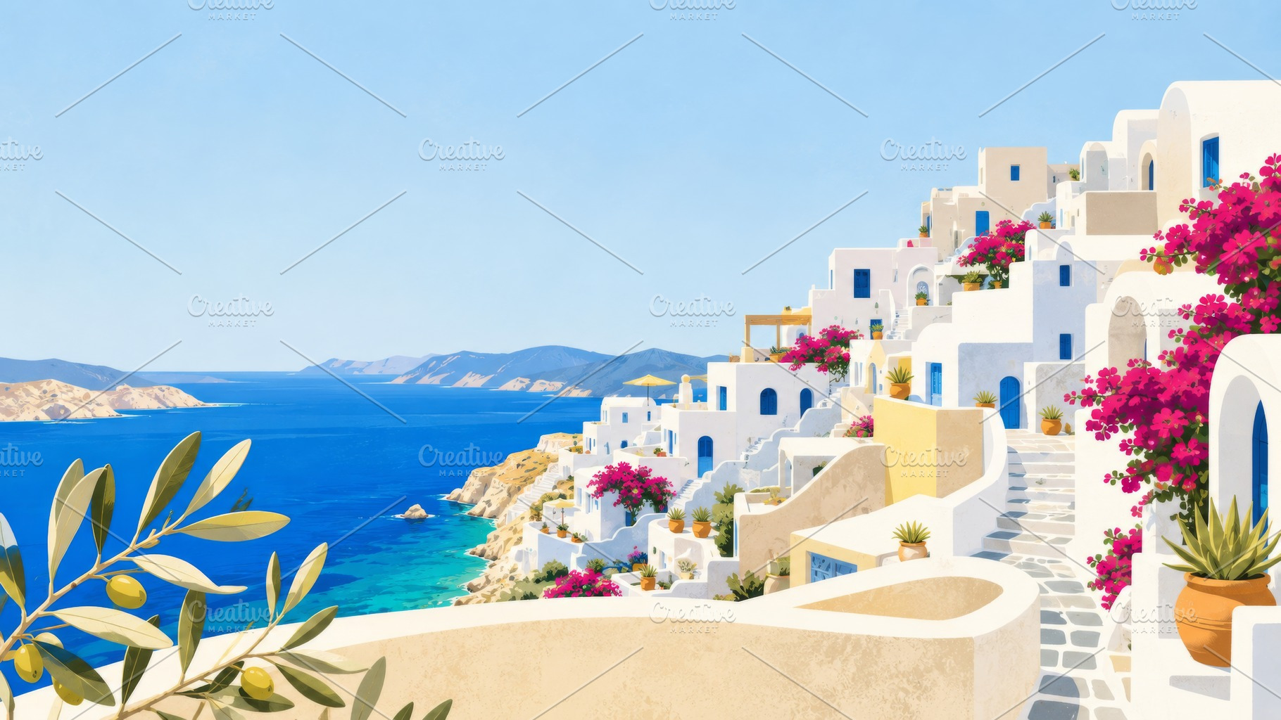 Greek isle aesthetic with white buil, a Photo by Dvoevnore photos