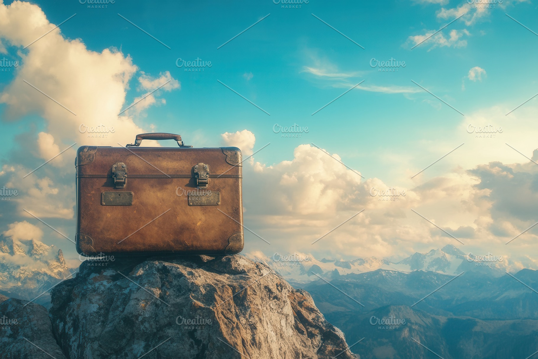 Suitcase rests atop a mountain peak, a Photo by Pavel_design