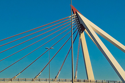 Cable-stayed bridge with red suspension cables