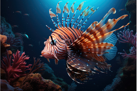 Striped Ocean lionfish. Generate Ai, an Animal Photo by Ylivdesign