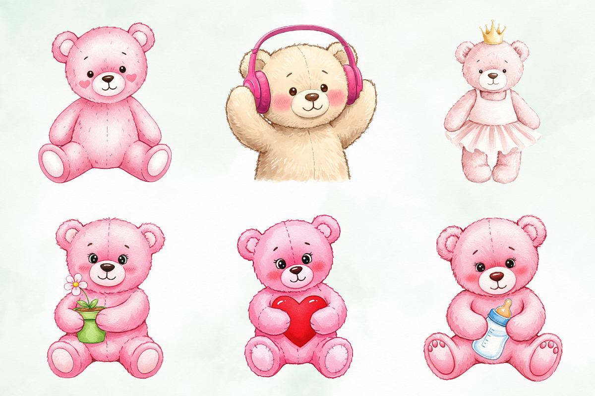 Watercolor Pink Cute Blush Teddy Png, an Illustration by Creative Art (Photo 2 of 10)