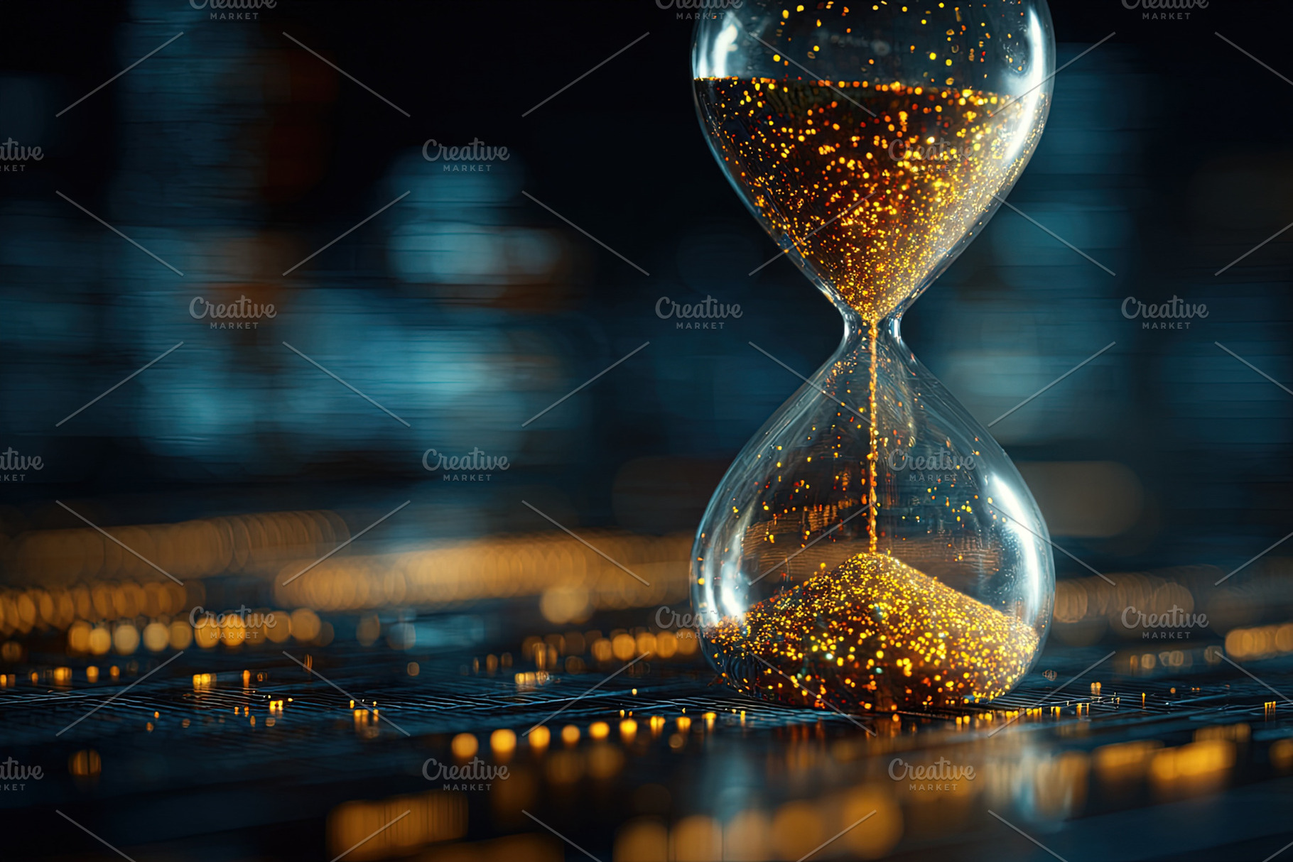 Elegant hourglass filled with golden particles stands on a futur, an Animal Photo by Ales Munt