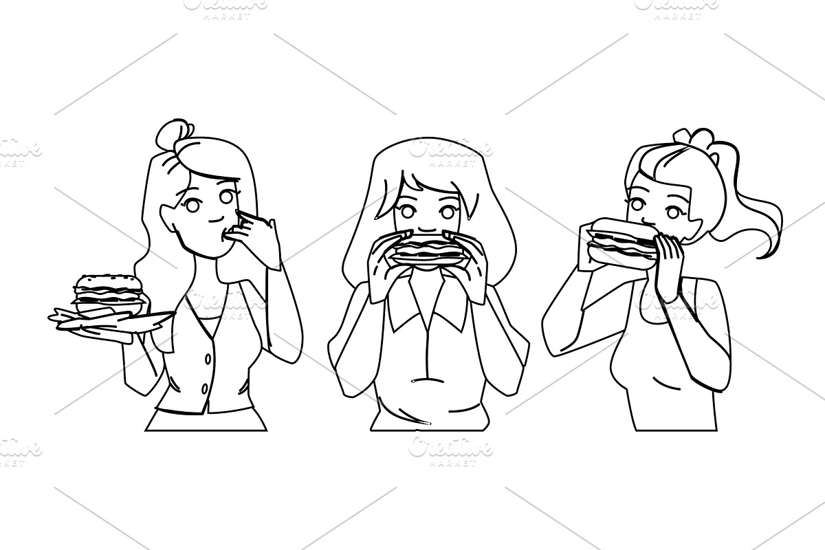tasty burger woman vector, a Person Illustration by pikepicture