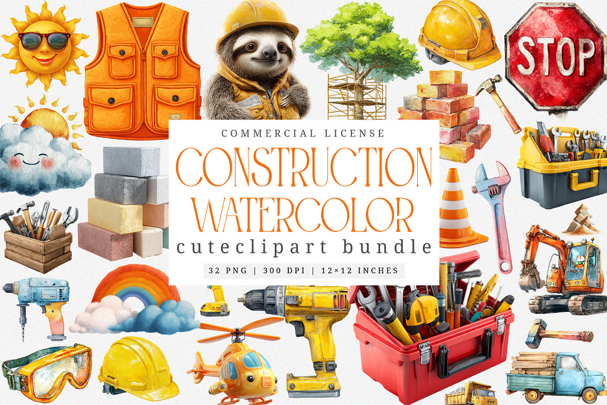 Cute Construction Watercolor Clipart, an Illustration by SinaCreation (Photo 1 of 7)