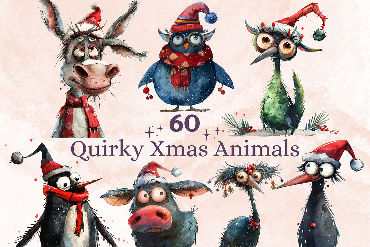 Quirky Christmas Animals Clipart, a Seasonal Illustration by GiraffeCreative (Photo 1 of 9)
