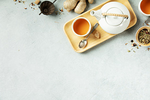 Minimalist Herbal Tea Flat Lay with White Teapot and Ginger, a Food & Drink Photo by Natalia Klenova's Shop