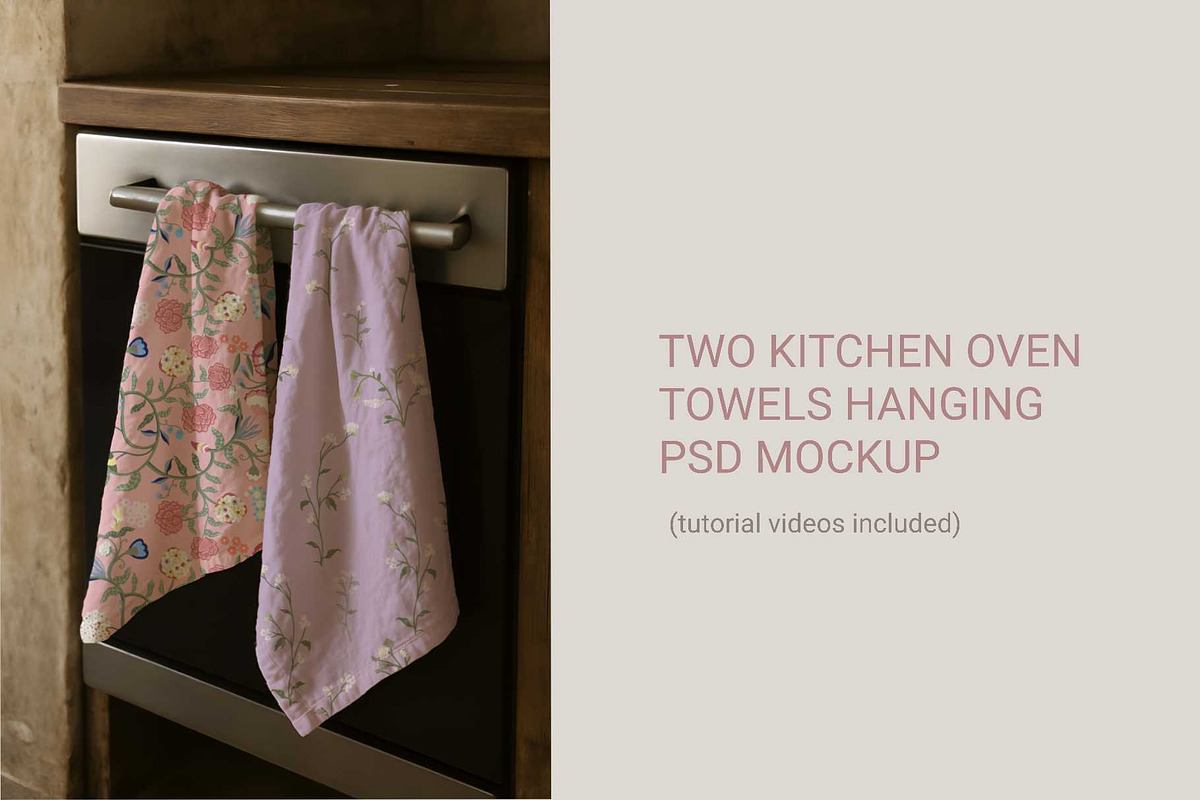 Two kitchen oven towels hanging PSD, a Merchandise Mockup by jenartstudio (Photo 2 of 3)