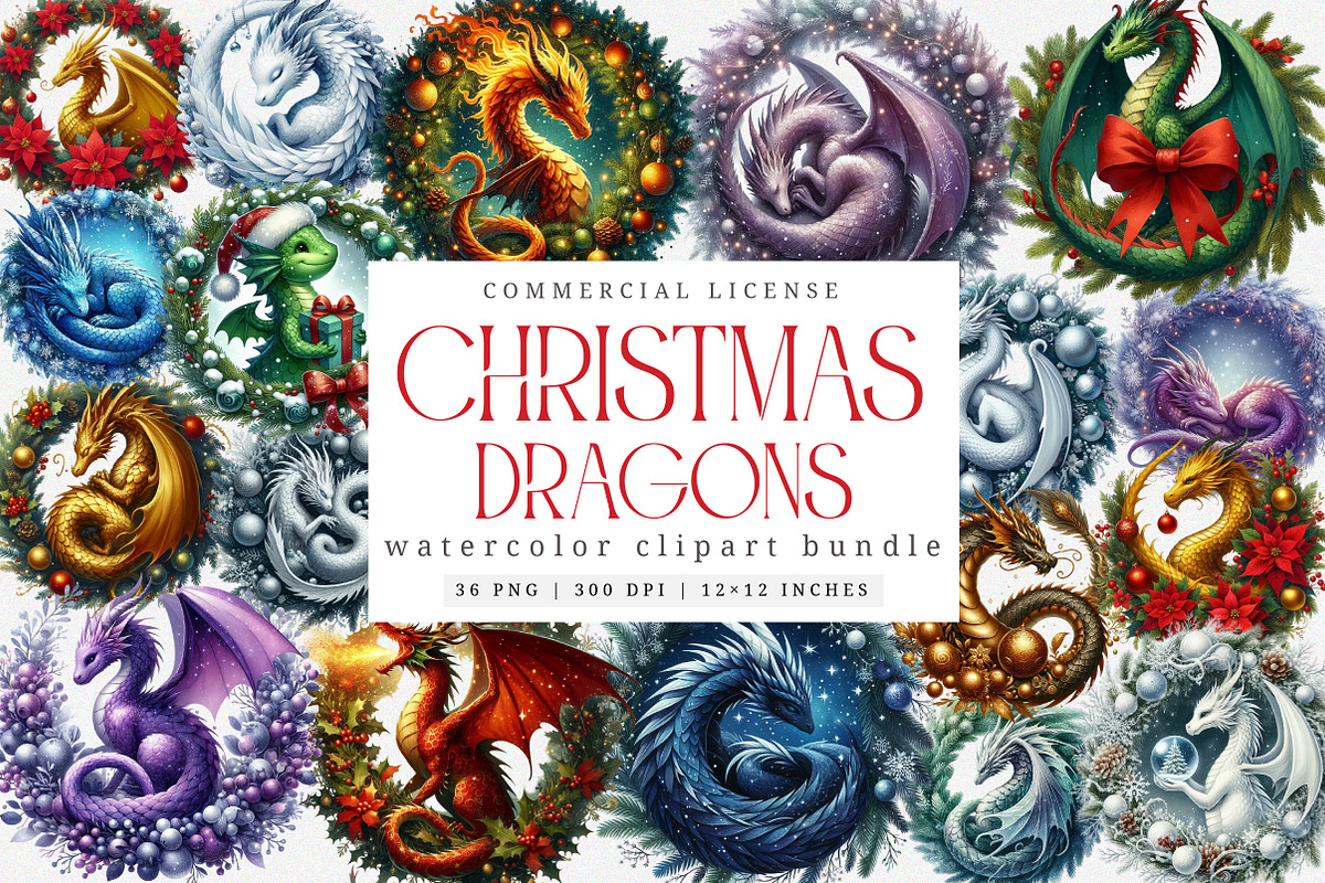 Watercolor Christmas Dragons Clipart, an Illustration by SinaCreation (Photo 1 of 7)