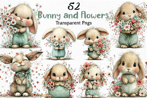 Bunny and Flowers Clipart PNG, an Illustration by Craft Nest