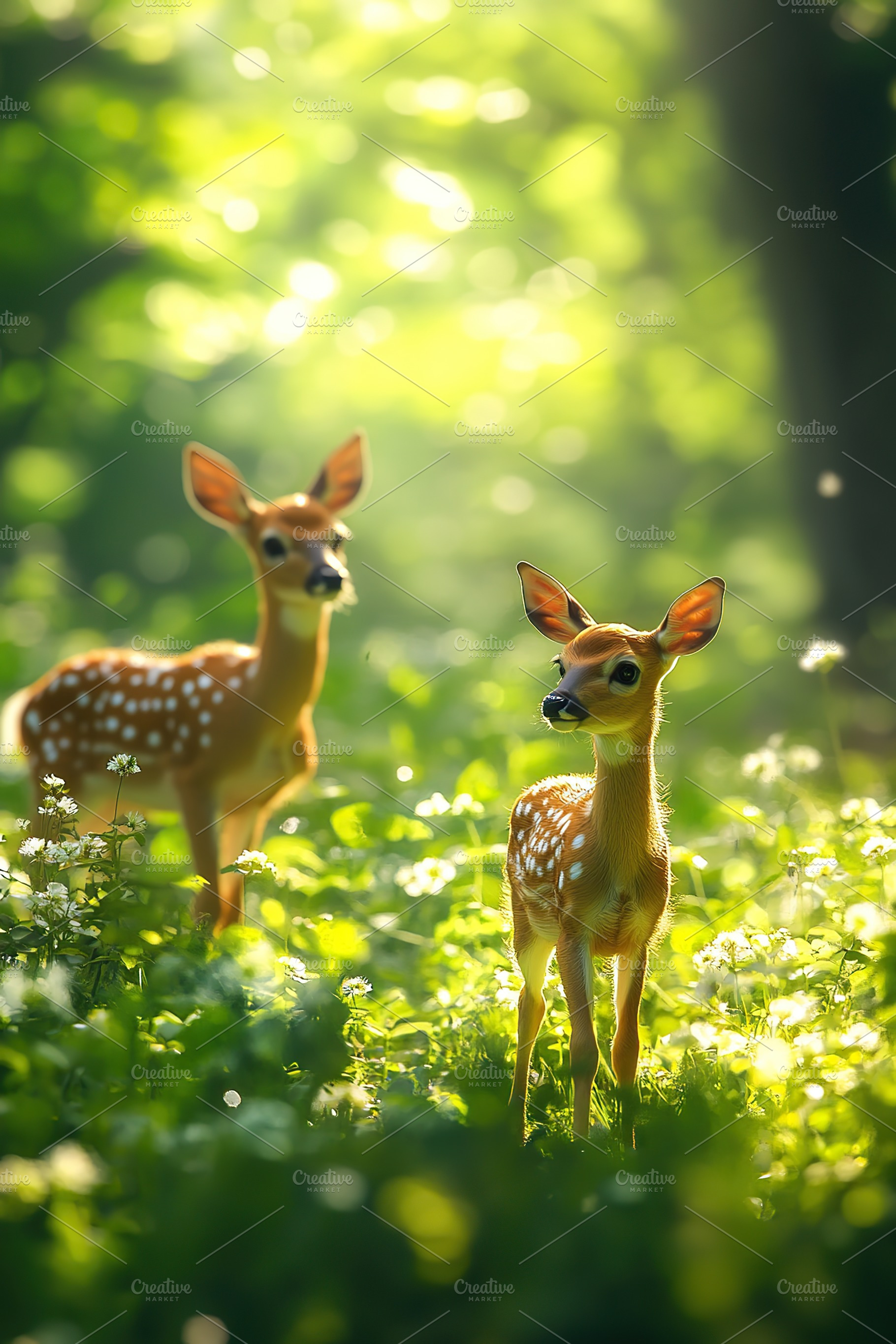 Two deers fawn standing in a green meadow, a Photo by AlyaAnd