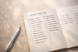 Micro-task list in open notebook shown with pen on desk, backgro, a Photo by Dvoevnore photos