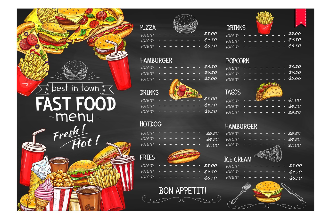 Vector price menu template for fast food meals, a Food Illustration by ...