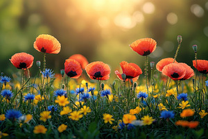 Colorful wildflowers blooming in a vibrant meadow at sunrise wit, a Nature Photo by José Manuel Gelpi