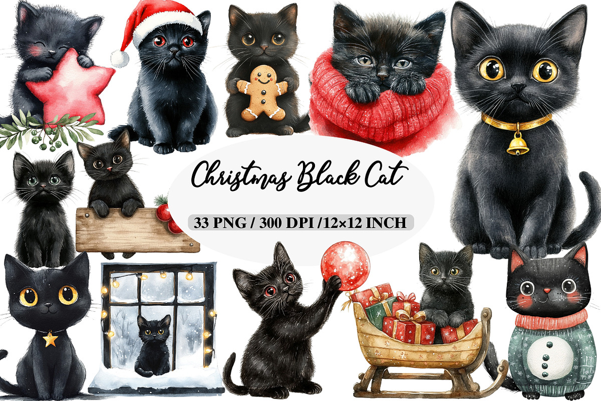 Christmas Black Cat Clipart Bundle, an Illustration by Daily.Designs (Photo 1 of 5)