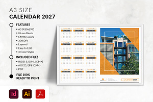 A3 Landscape Calendar 2027 Template, a Stationery Template by MstArtwork