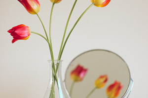 Red tulips in a glass vase featuring green, knitted napkin, and decoration