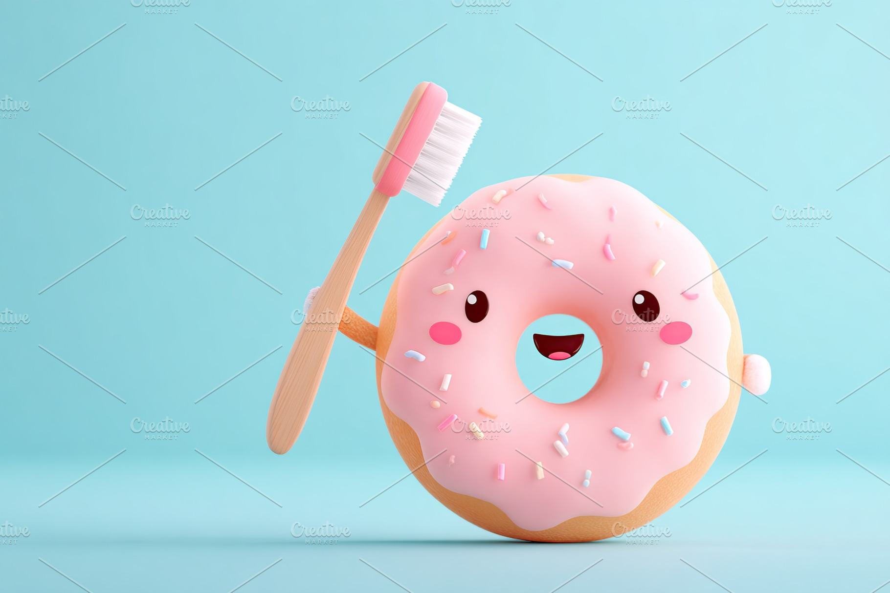 Cute donut character holds toothbrush against pastel blue background for fun de, a Food & Drink Photo by AlyaAnd