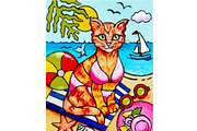 Cat at the Beach Hand Painted, an Animal Illustration by Sharon Schwalbe (Thumbnail 1 of 2)