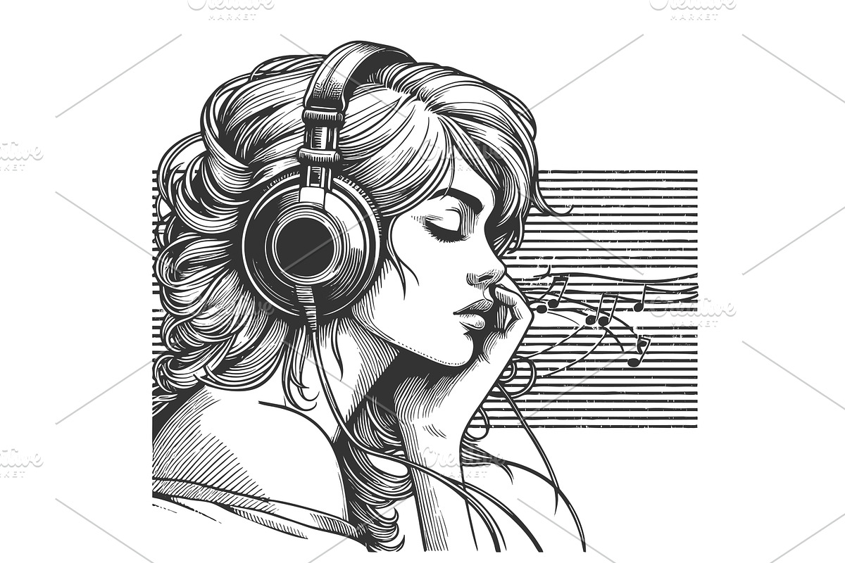 woman listening to music with, a Person Illustration by AlexArt