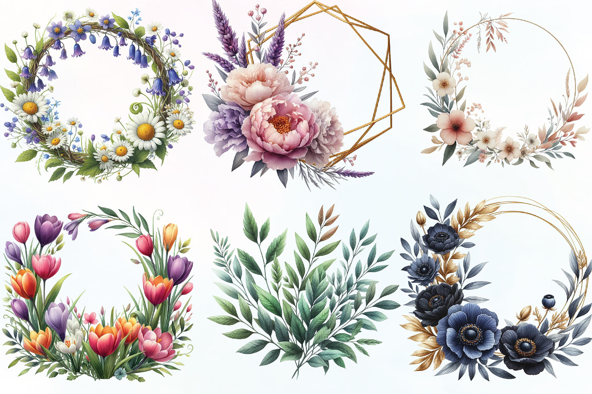 Watercolor Floral Frame Clipart, an Illustration by CraftArtStudio (Photo 3 of 6)