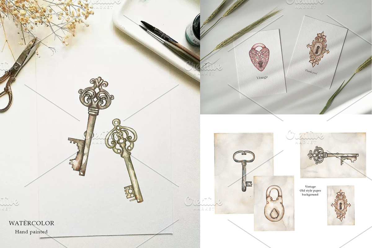 Watercolor Vintage Key Set, a Decorative Illustration by MayaNavits (Photo 11 of 12)
