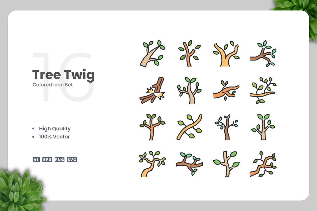 Tree Twig Colored Icons, an Icon by Upnowgraphic
