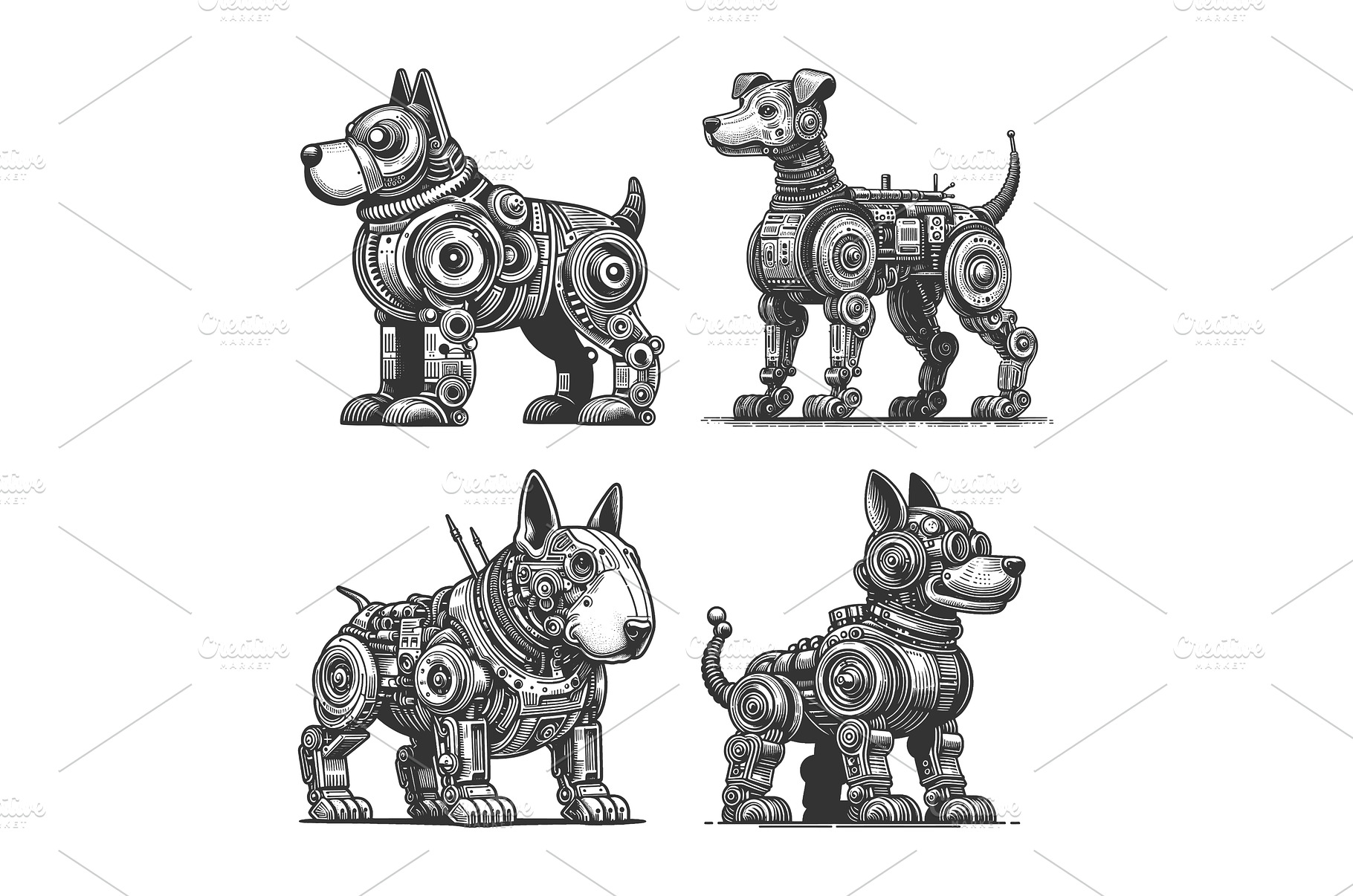 Robotic Dogs engraving set vector, a Photo by AlexArt