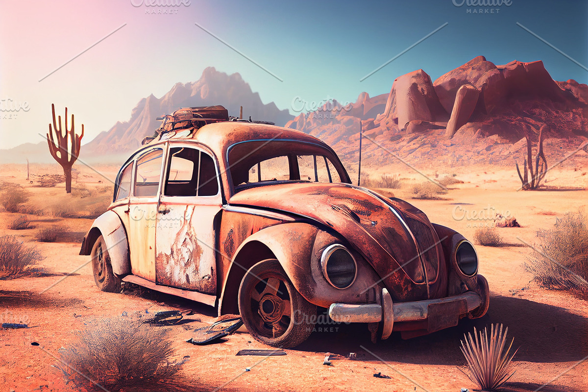 Completely rusted wrecked car in the desert hills of under a blue sky ...