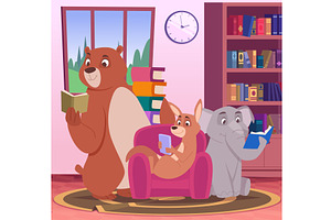 Animal reading books. cartoon wild, an Animal Illustration by Onyx