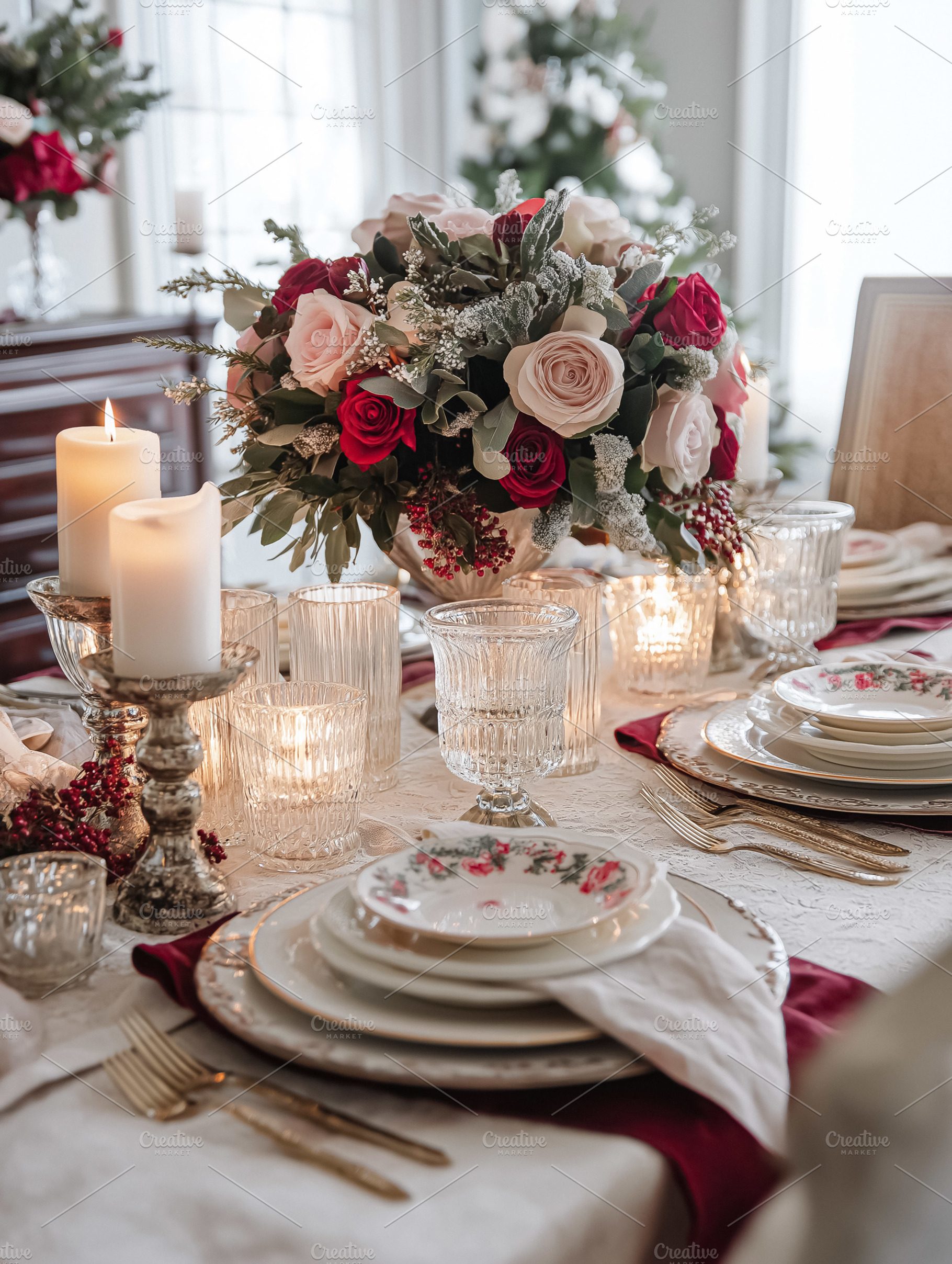 Elegant holiday table setting with Christmas roses, glowing candles, and festiv, a Food & Drink Photo by Anneleven