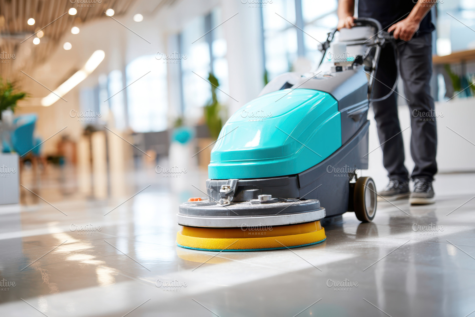 Person using a floor cleaning machine indoors, an Industrial Photo by AlyaAnd