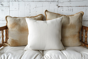 A cozy arrangement of plush white and textured pillows on a rustic wooden bench, a Business Photo by ImageMir