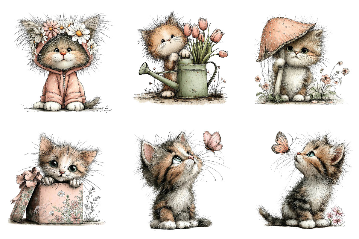 Whimsical Spring Cats Clipart, an Illustration by CreationArt (Photo 3 of 7)