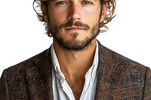 Confident man with wavy brown hair and beard in stylish blazer a, a Person Photo by José Manuel Gelpi