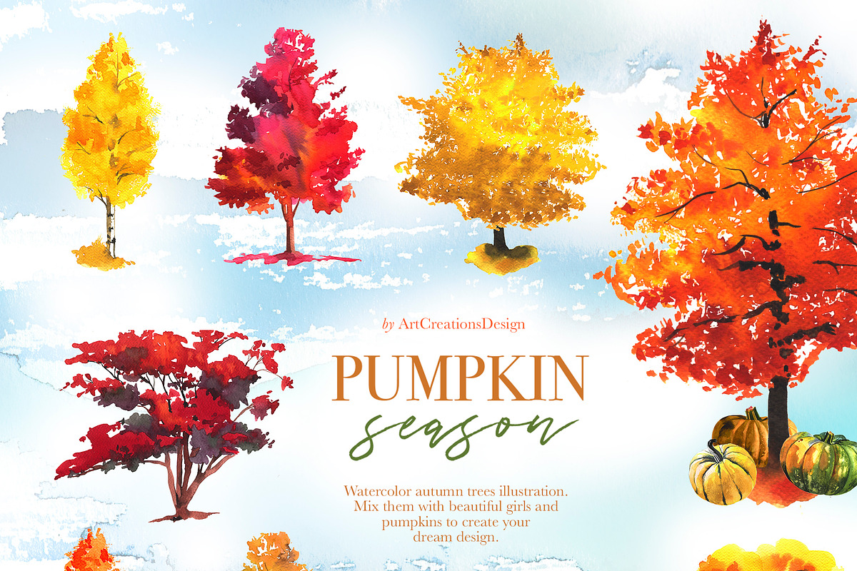 Watercolor Pumpkin Season Clipart, a Seasonal Illustration by ArtCreationsDesign (Photo 10 of 22)