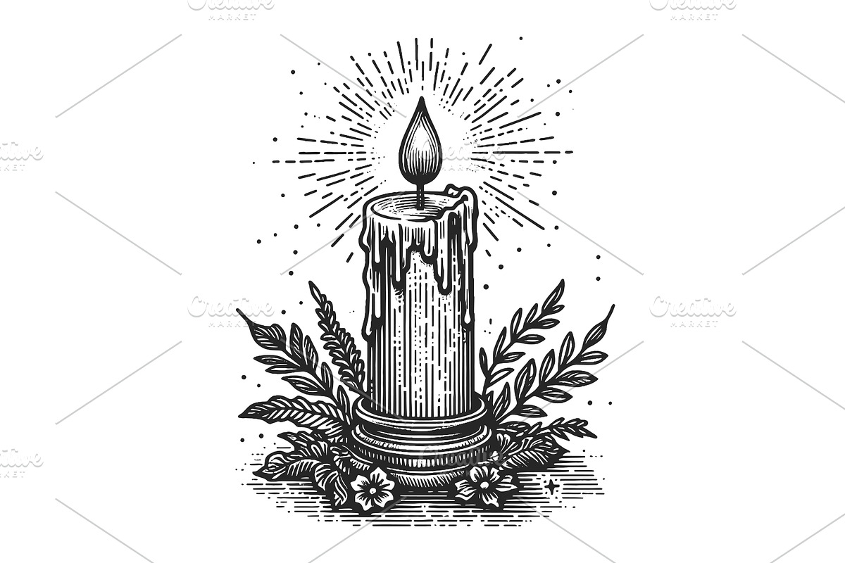 Lit Candle in Holder engraving, an Object Illustration by AlexArt