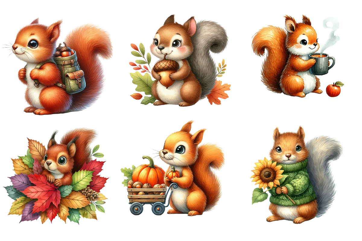 Watercolor Autumn Squirrels Clipart, an Animal Illustration by cherrydesign (Photo 2 of 4)