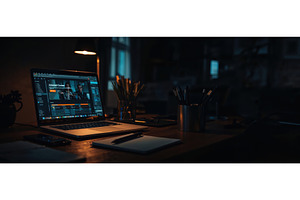 Laptop on a wooden desk in a dimly, an Illustration by tilialucida